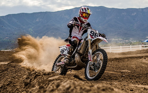 white motocross dirt bike, motorcycle, sports, race, dust, HD wallpaper HD wallpaper
