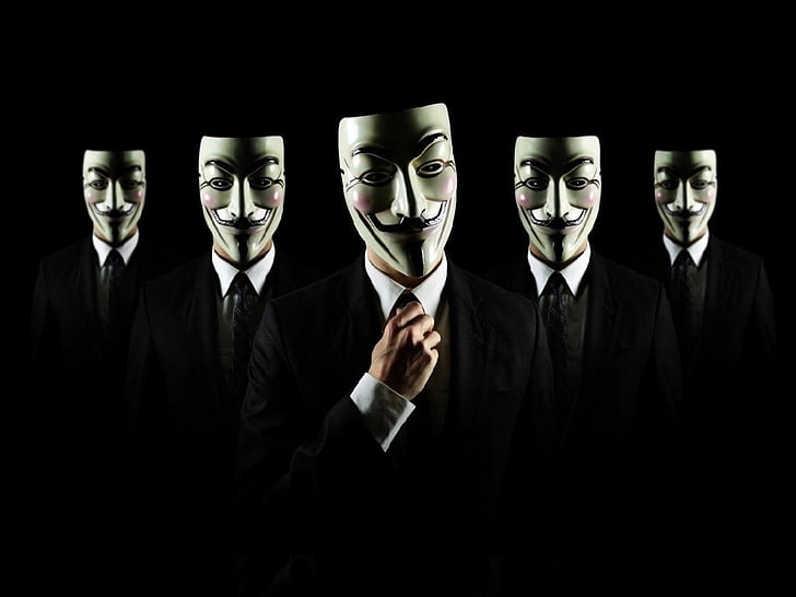 maska ​​Guya Fawkesa, Anonymous, mężczyźni, garnitury, maska ​​Guya Fawkesa, czarne tło, Tapety HD