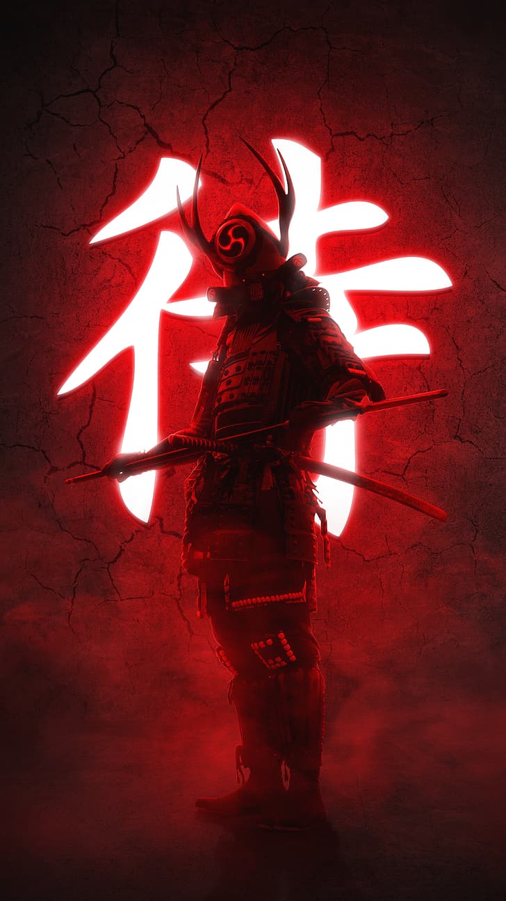 portrait display, vertical, artwork, digital art, warrior, red background, samurai, armor, katana, sword, HD wallpaper