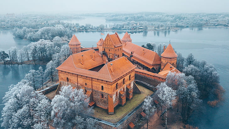 winter, morning, historic site, snow, building, zing, frost, castle, château, hoary, trakai island castle, fairytale castle, trakai island, lithuania, HD wallpaper