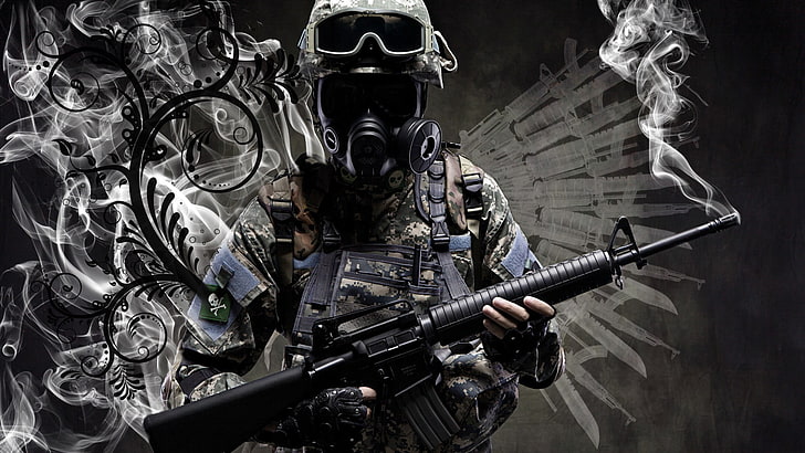 Call of Duty display wallpaper, gas masks, soldier, weapon, HD wallpaper