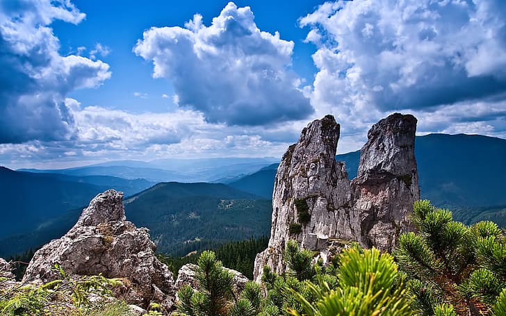 空、木、山、雲、岩、風景、茂み、石、植物、ルーマニア、石灰岩、4k超のHDバックグラウンド、観光名所、「レディ」、「レディの石」、「ララウ山脈」、 HDデスクトップの壁紙