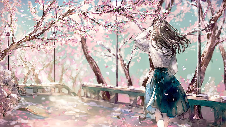 anime, gadis anime, sakura (pohon), bunga merah muda, Wallpaper HD