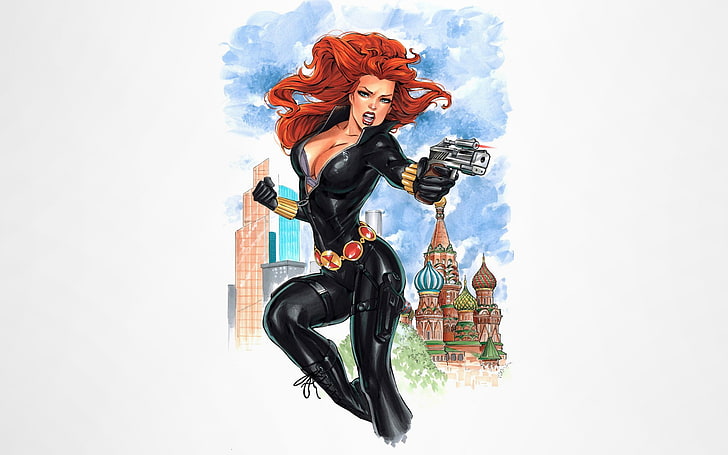 Black Widow, illustration, Marvel Comics, simple background, girls with guns, HD wallpaper