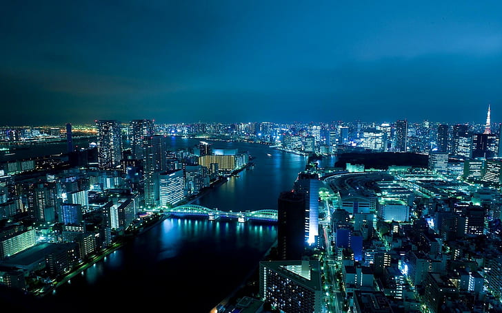 град, река, мост, градски светлини, нощ, градски пейзаж, небостъргач, Токио, HD тапет