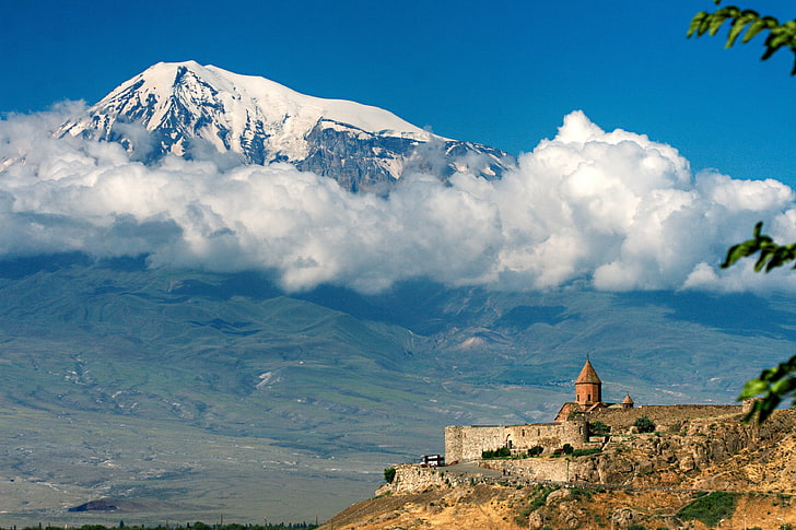 birds eye view of castle on mountain, mountain, ararat, armenia, height, architecture, structure, clouds, HD wallpaper