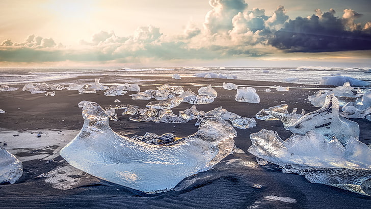 ธรรมชาติภูมิทัศน์น้ำแข็งชายหาดเมฆแสงแดดทราย, วอลล์เปเปอร์ HD