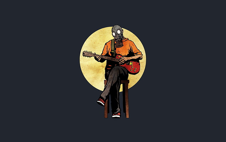 schwarzes und gelbes Batman-Logo, E-Gitarre, Gasmasken, Zeichnung, HD-Hintergrundbild