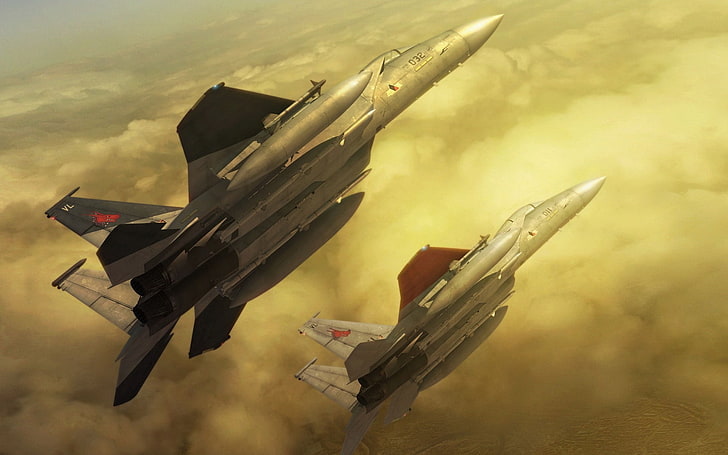 zwei schwarze und graue Düsenflugzeuge, Asskampf, Kämpfer, Wolken, Sonnenlicht, Manöver, HD-Hintergrundbild