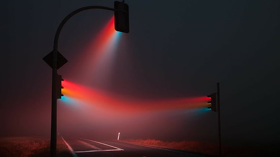 stoplight, street, Lucas Zimmermann, road, red, blue, signal, night, traffic, street light, lights, mist, traffic lights, HD wallpaper HD wallpaper
