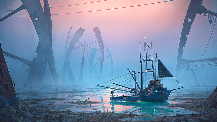 Schwarz Segelschiff Tapete, digitale Kunst, Science Fiction, Simon Stålenhag, Boot, Cyan, HD-Hintergrundbild