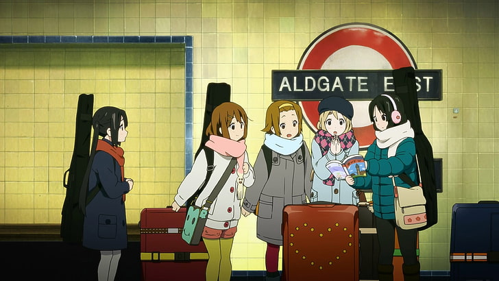 K-ON!, anime girls, Hirasawa Yui, Nakano Azusa, Akiyama Mio, Kotobuki Tsumugi, Tainaka Ritsu, London Underground, HD wallpaper