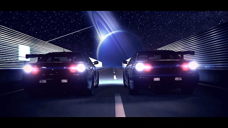 two black cars, Japanese cars, Nissan GT-R NISMO, Nissan Skyline GT-R R33, planet, flares, road, shooting stars, HD wallpaper