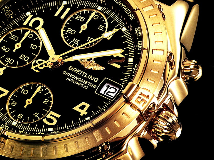 round gold-colored Breitling watch, Man Made, Watch, Gold, HD wallpaper