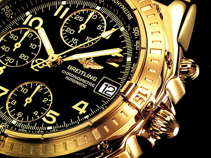 rund guldfärgad Breitling-klocka, konstgjord, klocka, guld, HD tapet HD wallpaper