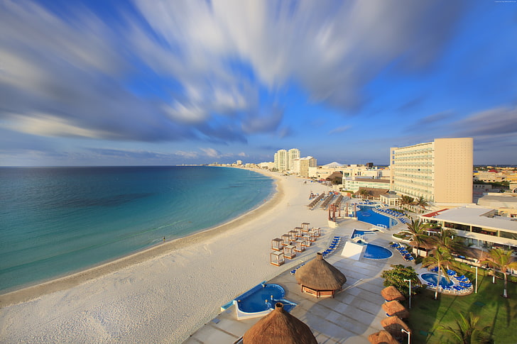 playa, mar, cielo, resort, mejores playas de 2017, Cancún, océano, México, turismo, vacaciones, viajes, Fondo de pantalla HD
