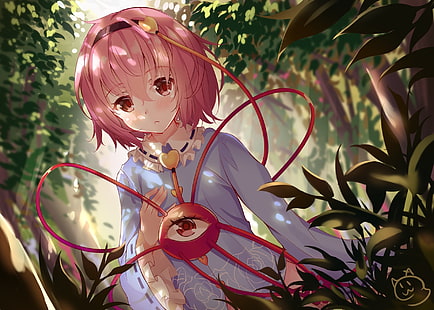 touhou, komeiji satori, rosa haare, wald, kurze haare, anime, HD-Hintergrundbild HD wallpaper