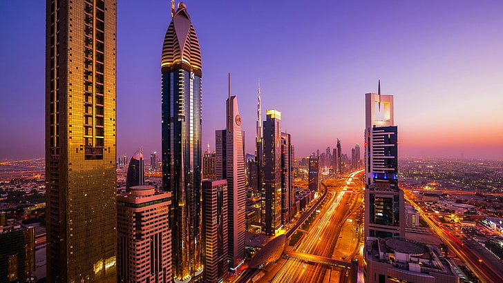 black and brown high-rise building, Dubai, city, building, city lights, sunset, HD wallpaper