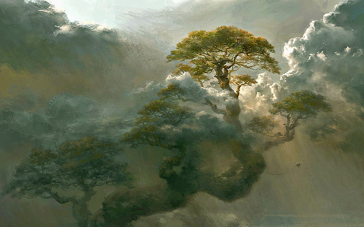 tree covered with clouds painting, fantasy art, HD wallpaper