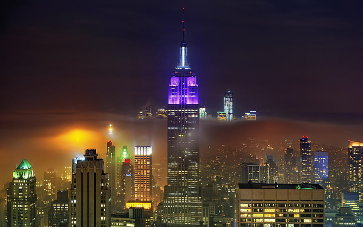 edificio dipinto in bianco e nero, città, Empire State Building, paesaggio urbano, notte, New York City, Sfondo HD