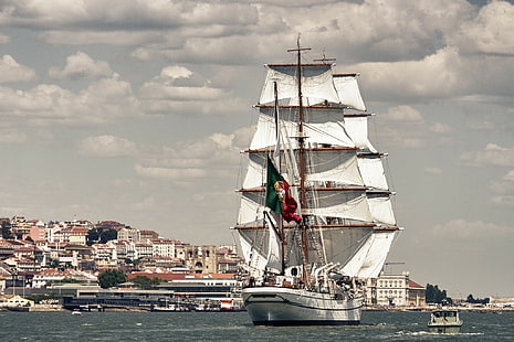 flod, segelbåt, Portugal, Lissabon, floden Tagus, bark, NRP Sagres III, Tagus River, Sagres, HD tapet HD wallpaper