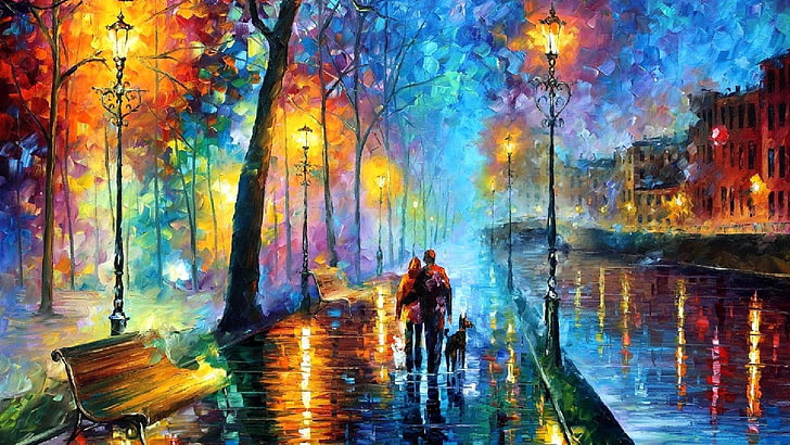 leonid afremov, pintura, arte, chuvoso, rua, outono, luzes, casal, banco, luzes de rua, arte da pintura, HD papel de parede