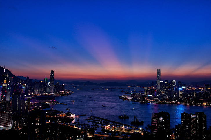 Hong Kong, city, evening, city escape photo, lights, city, evening, Hong Kong, night, buildings, skyscrapers, Bay, road view, HD wallpaper