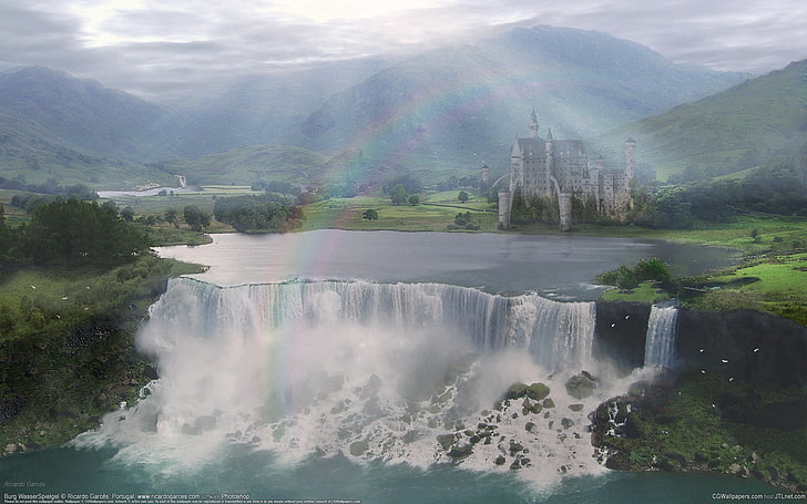 grey and black castle, landscape, castle, waterfall, rainbow, valley, ricardo garces, HD wallpaper