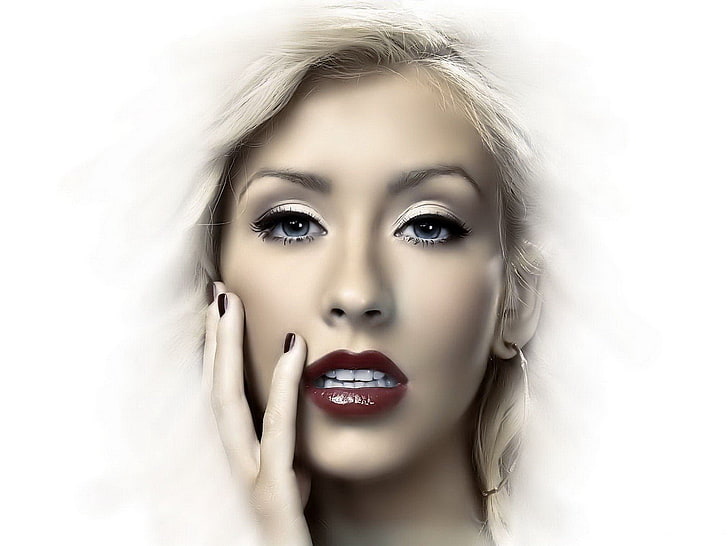 Christina Aguilera, singer, vignette, face, celebrity, red lipstick, HD wallpaper