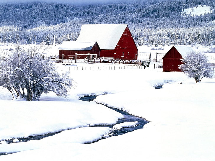 red wooden barnhouse, winter, snow, snowdrifts, structures, stream, bushes, HD wallpaper