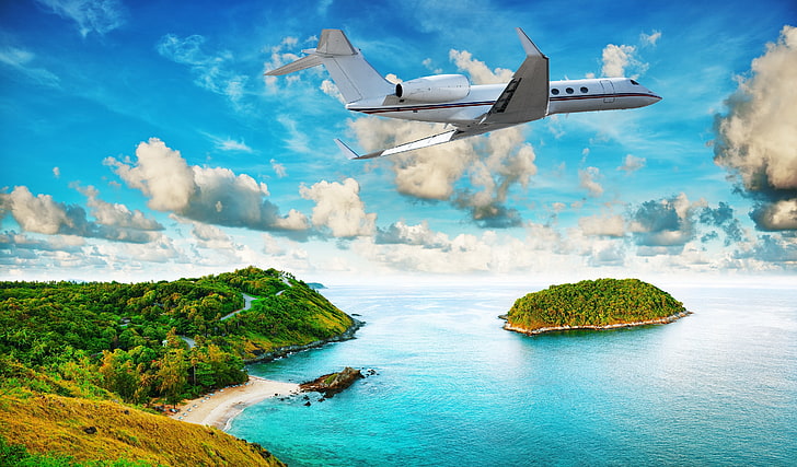 white airplane clip art, sea, beach, tropics, The plane, flying over the island, HD wallpaper