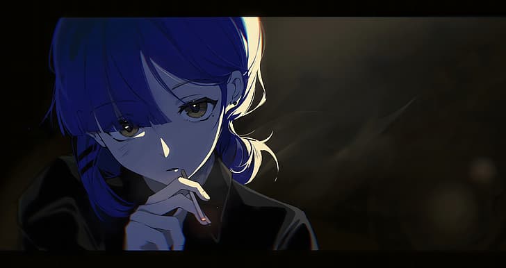 BOCCHI THE ROCK!, cigarettes, night, Ryo Yamada, anime, anime girls, blue hair, HD wallpaper