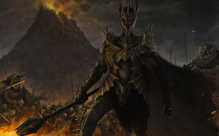 character holding weapon wallpaper, Sauron, The Lord of the Rings, movies, fantasy art, HD wallpaper