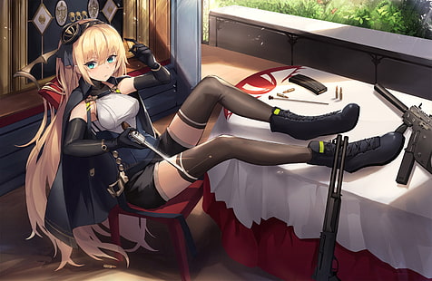 Anime Mädchen, Waffe, schwarze Strümpfe, lange Haare, HD-Hintergrundbild HD wallpaper