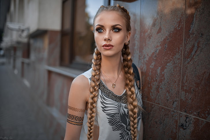 women, blonde, portrait, pigtails, blue eyes, long hair, necklace, Dmitry Sn, HD wallpaper
