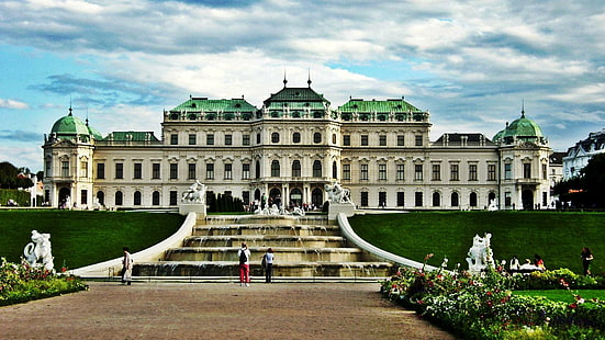 Musée du Palais du Belvédère à Vienne en Autriche, herbe, fontaine, galerie, nuages, palais, nature et paysages, Fond d'écran HD HD wallpaper