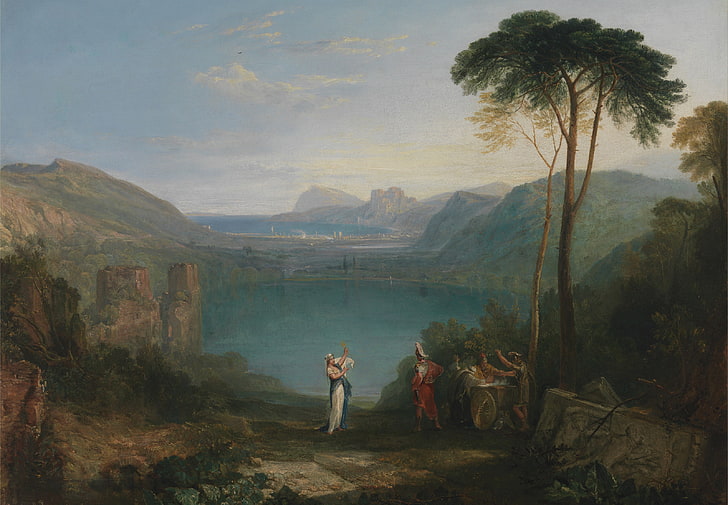 trees, landscape, mountains, lake, picture, myth, William Turner, Lake Avernus - Aeneas and the Cumaean Sybil, HD wallpaper