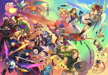 Bowser, Falco, Fox McCloud, Link, Marth, Nintendo, Pikachu, Prinzessin Peach, Samus Aran, Super Smash Brothers, Videospiele, Zelda, HD-Hintergrundbild HD wallpaper