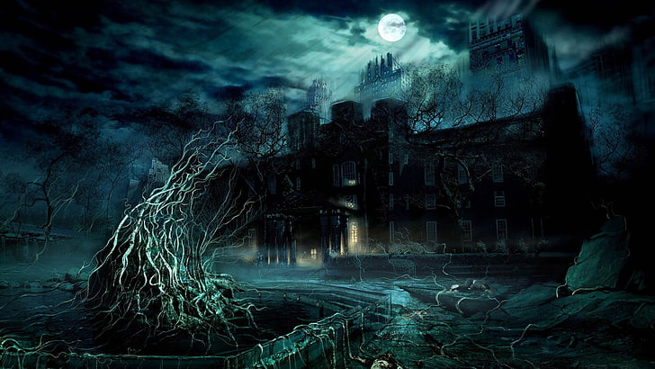 blattloser Baum nahe digitaler Tapete des Schlosses, Fantasiekunst, gespenstisch, Gebäude, Nacht, HD-Hintergrundbild