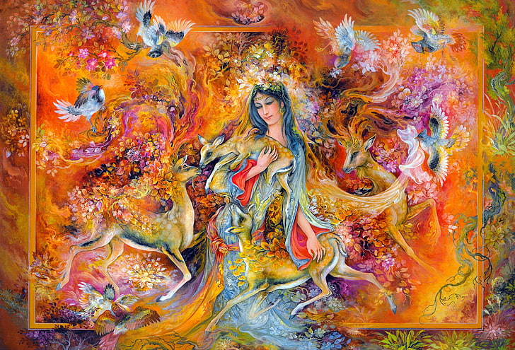 Fairy holding deer painting, Miniature Painting, painting, Persian Art, Mahmoud Farshchian, HD wallpaper