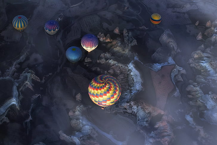 Turkey, landscape, aerial view, hot air balloons, HD wallpaper