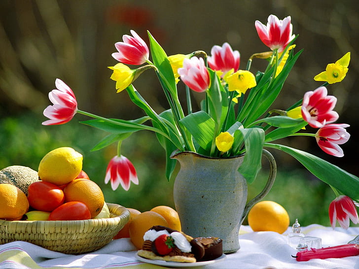 Spring Melody HD, white flower vase;white basket with fruits, flowers, spring, melody, HD wallpaper