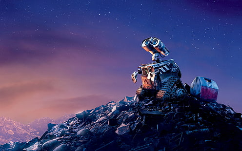 Disney Wall-E, Papel de parede digital Disney Wall-E, WALL-E, Pixar Animation Studios, Disney, filmes, robô, filmes de animação, estrelas, lixo, olhando para cima, 2008 (Ano), HD papel de parede HD wallpaper
