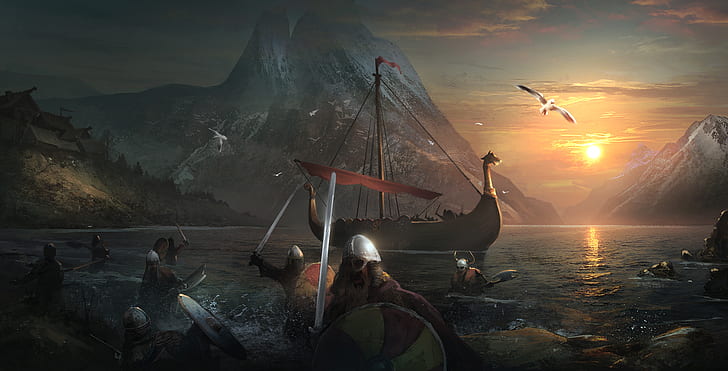navio à vela, vikings, mar, pássaros, Sergey Zabelin, nascer do sol, batalha, arte digital, pico nevado, espada, montanhas, HD papel de parede