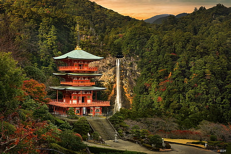 red pagoda temple, forest, mountains, waterfall, Japan, temple, HD wallpaper HD wallpaper