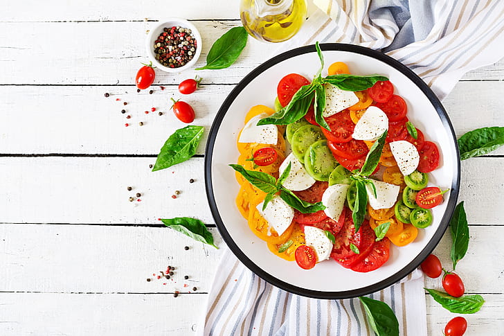 food, salad, tomatoes, basil, Mozzarella, Black pepper (Spice), olive oil, plates, wooden surface, HD wallpaper