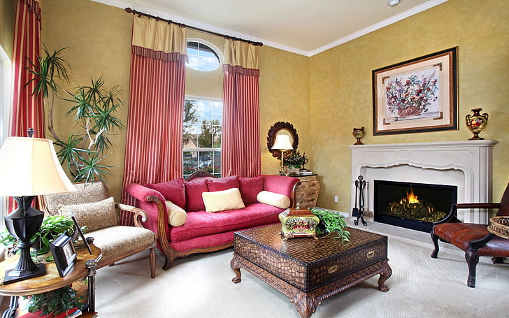 sofá rojo seude, florero, cortinas, sofá, chimenea, pintura, alfombra, cuero, habitación, confort, silla, muebles, plantas, flores, Fondo de pantalla HD