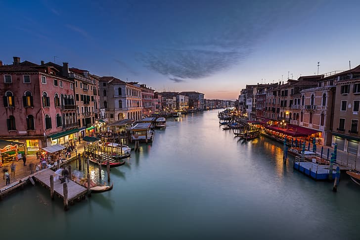 Италия, Венеция, канал, закат, Панорама, Гранд-канал, Мост Риальто, HD обои