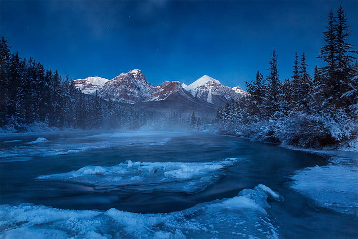 облака, ночь, пейзаж, лес, туман, деревья, озеро, лед, снег, горы, зима, природа, Канада, Альберта, HD обои