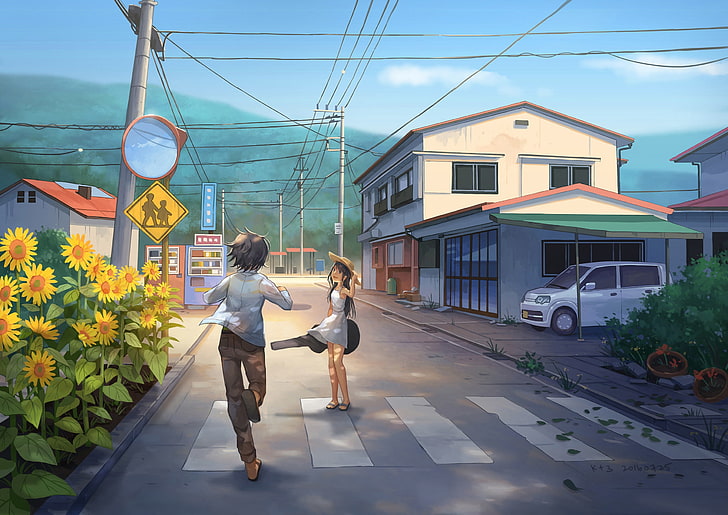 улица на аниме, живописна, слънчоглед, момиче и момче, сламена шапка, лека рокля, сгради, аниме, HD тапет
